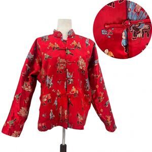Y2K ChinaSprout 100% Silk Brocade Jacket Womens Sz L Lotus Buddhism Frog Closure